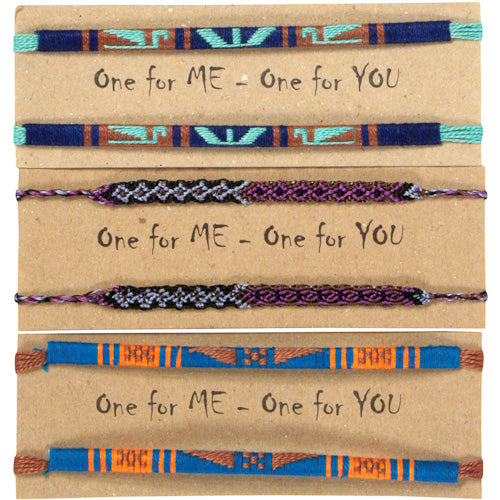 <center>Assorted Mayan Friendship Bracelets crafted by Artisans in Guatemala </br>Each Card Measures 4-1/4” high x 6” wide, with two 11” bracelets</center>