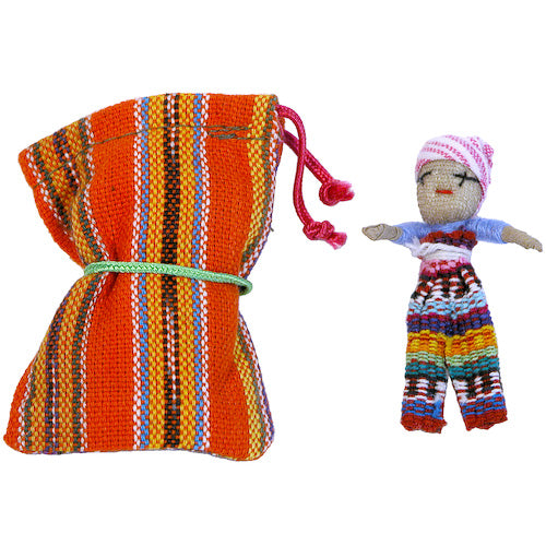 <center>Large Worry Doll in Woven Bag Crafted by Artisans in Guatemala </br>  Each Bag Measures 2-3/4” x 2-1/4” with a 2” Doll Inside</center>