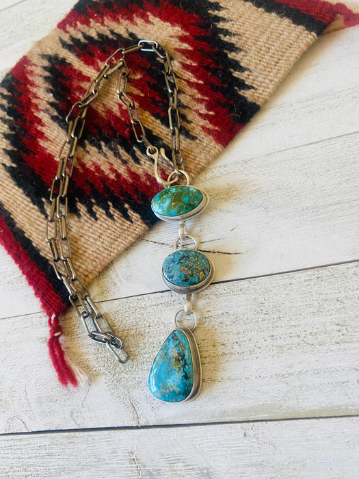 Navajo Sterling Silver & Three Stone Kingman Turquoise Lariat Necklace