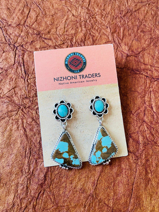 Navajo Number 8 Turquoise & Sterling Silver Flower Dangle Earrings - Culture Kraze Marketplace.com