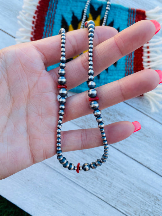 Navajo Coral & Sterling Silver Pearl Beaded 24 Inch Necklace - Culture Kraze Marketplace.com