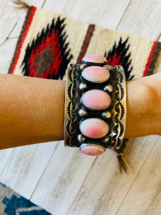 Navajo Queen Pink Conch Shell & Sterling Silver Cuff Bracelet Signed