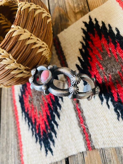 Navajo Queen Pink Conch Shell & Sterling Silver Cuff Bracelet By Chimney Butte