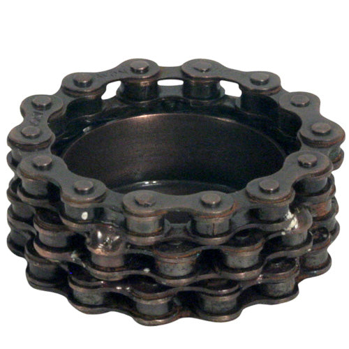 <center>Bicycle Chain Tea Light Holder</br>Crafted by Artisans in India </br>Measures 1” high x 2-1/2” diameter</center