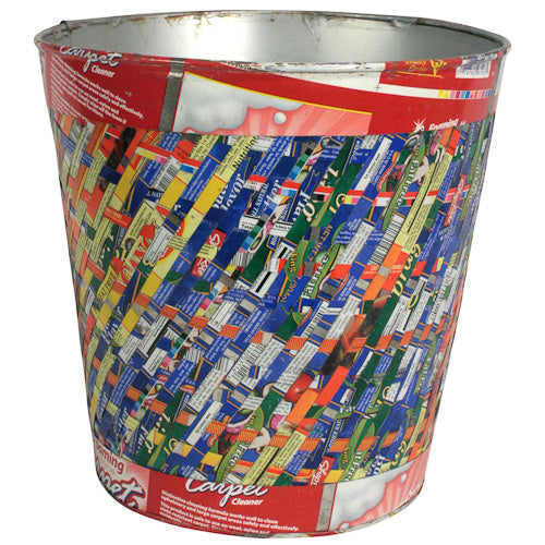 <center>Upcycled Metal Wastebasket </br>Crafted by Artisans in India </br>Measures 11-1/2” high x 11-1/4” top diameter</center>