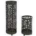 <center>Set of 2 Metal Pillar Candle Lanterns </br>Crafted by Artisans in India </br>Large size measures 12-1/2” high</center>