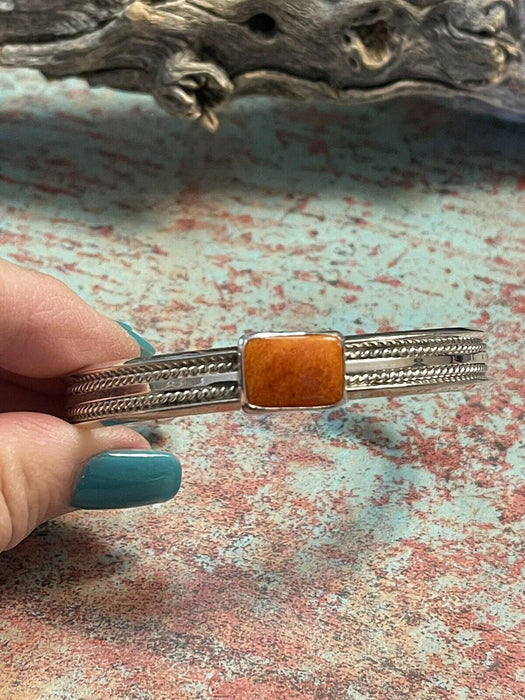 Navajo Orange Spiny Rectangle Sterling Silver Stacker Cuff Bracelet