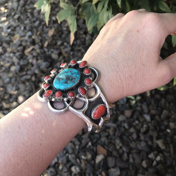 Navajo  Sterling Statement Kingman Turquoise & Natural Red Coral Bracelet Cuff