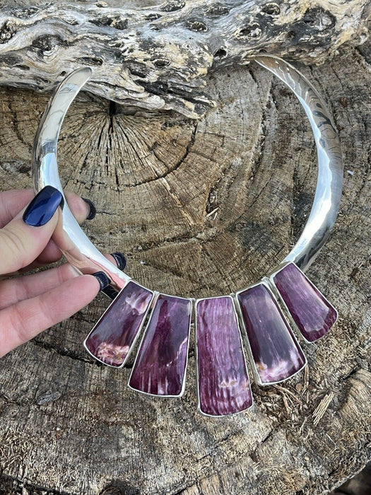 Navajo Sterling Silver & Spiny 5 Stone Choker Necklace Signed