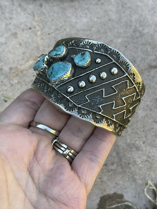 Navajo Turquoise & Sterling Silver Tufa Cast Tribal Cuff Signed Delbert Arviso