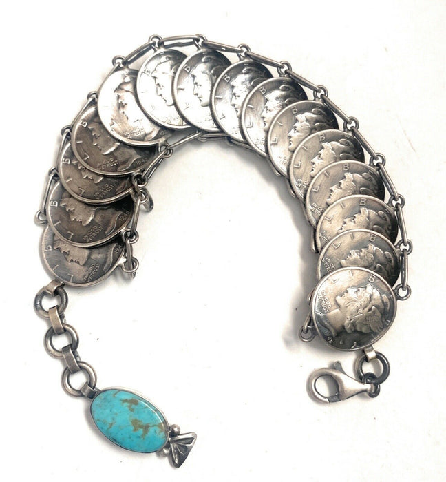 Navajo Turquoise & Sterling Silver Liberty Dime Bracelet By James McCabe