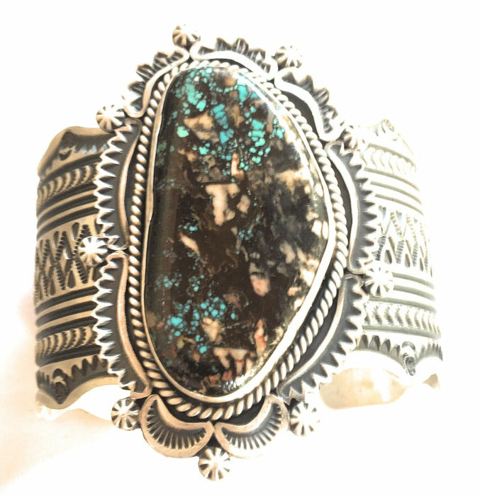 Navajo Royston Turquoise  Sterling Silver Handstamped Cuff Signed