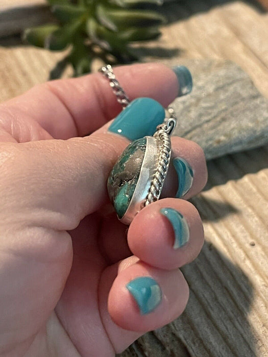 Navajo Sterling Silver And Morenci Turquoise Stone Southwest Necklace Signed