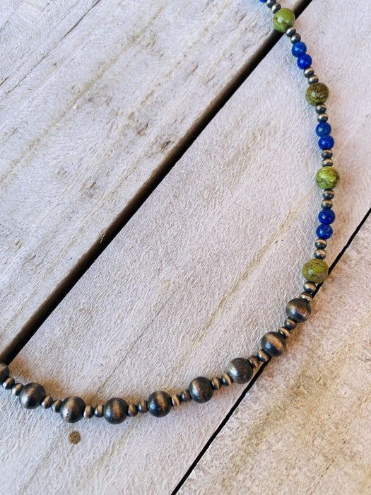 Navajo Lapis, Gaspeite And Sterling Silver Navajo Pearl Beaded Necklace - Culture Kraze Marketplace.com