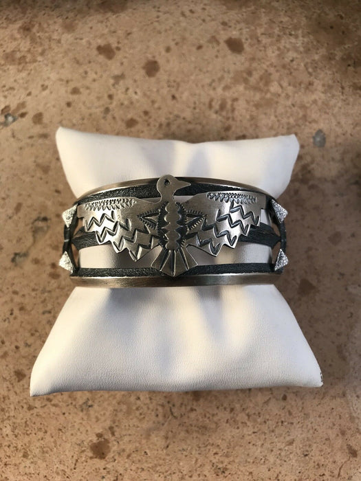 Kevin Yazzie Hand Stamped Sterling Silver Thunderbird Cuff Bracelet, Signed