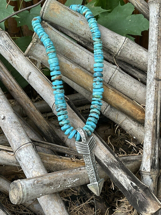 Navajo Natural Turquoise & Sterling Silver Tufa Cast Arrow Necklace