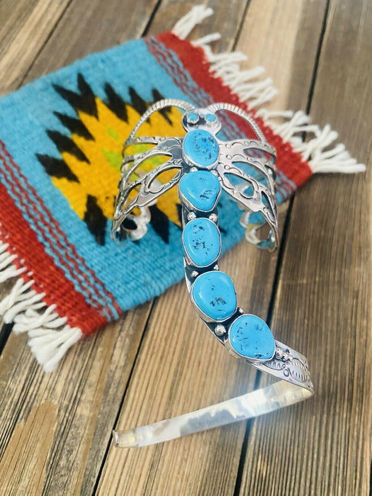 Navajo Sterling Silver & Kingman Turquoise Dragonfly Cuff By Russell Sam