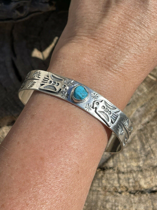 Sterling Silver Navajo Stamped Turquoise Thunderbird Cuff W.Begay