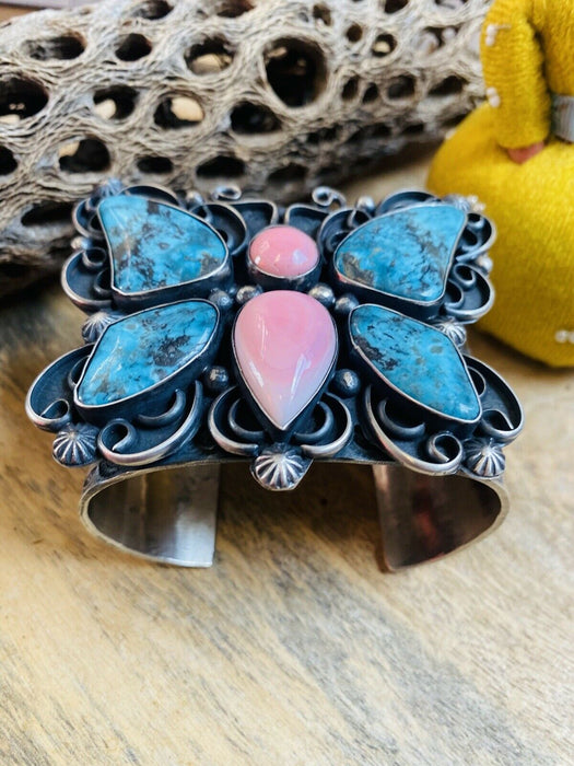 Navajo Turquoise, Pink Coral & Sterling Silver Butterfly Cuff Bracelet