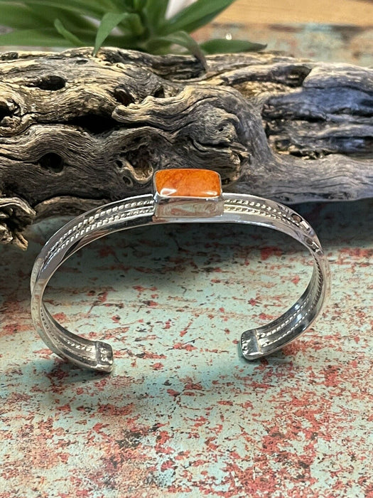 Navajo Orange Spiny Rectangle Sterling Silver Stacker Cuff Bracelet