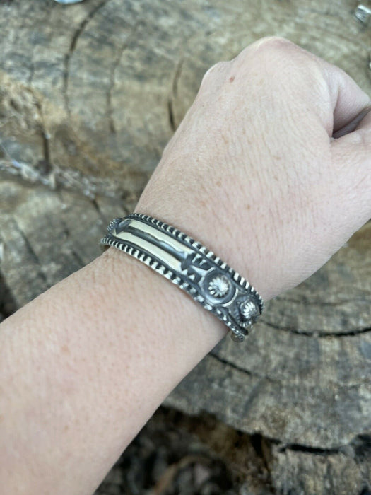 Navajo Sterling Silver Hand Stamped Bracelet Cuff By Artist Elvira Bill