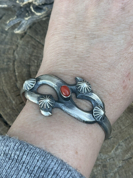 Navajo Natural Red Coral Sterling Silver Cuff By Artist Chimney Butte