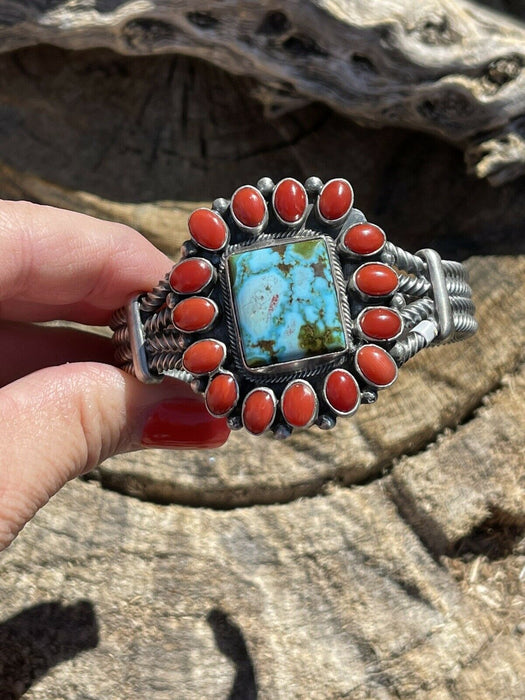 Navajo Sterling Kingman Web Turquoise & Red Coral Taos Bracelet Cuff B. Johnson