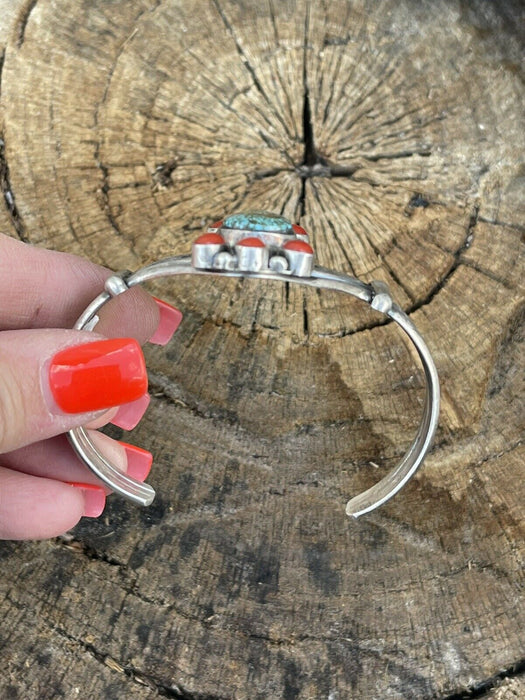 Navajo Sterling Kingman Web Turquoise & Red Coral Taos Bracelet Cuff Johnson