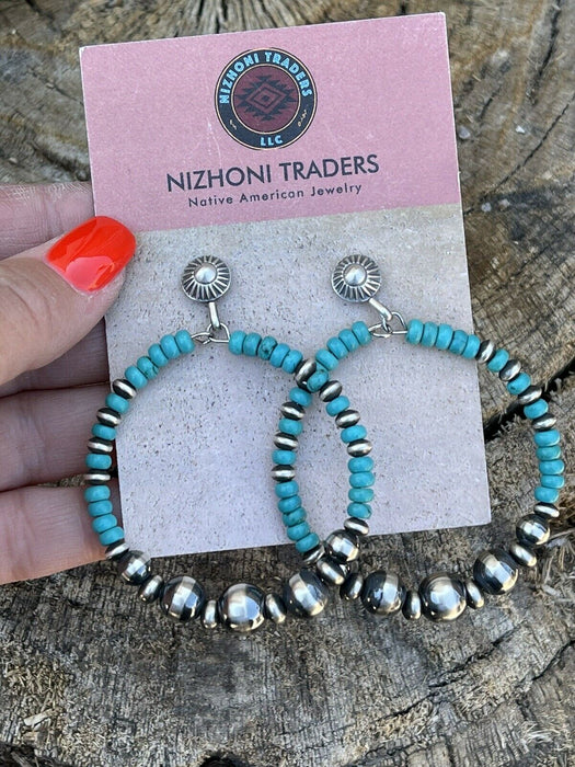 Navajo Sterling Silver Turquoise Stone Post Hoop Earrings - Culture Kraze Marketplace.com