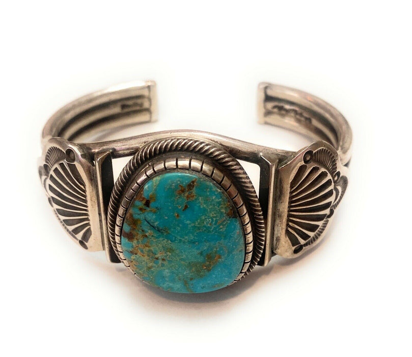 Vintage Navajo Turquoise & Sterling Silver Cuff Bracelet Signed