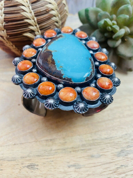 Navajo Orange Spiny, Turquoise & Sterling Silver Cuff Bracelet Signed