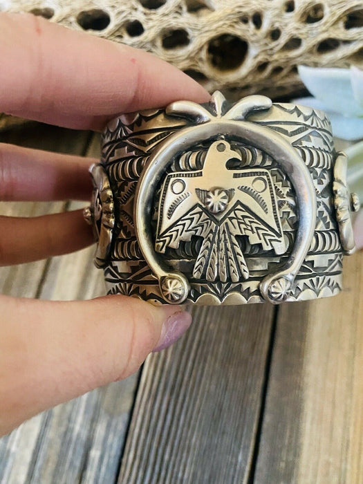 Navajo Hand Stamped Sterling Silver Thunderbird Cuff Made By Rick Enriquez