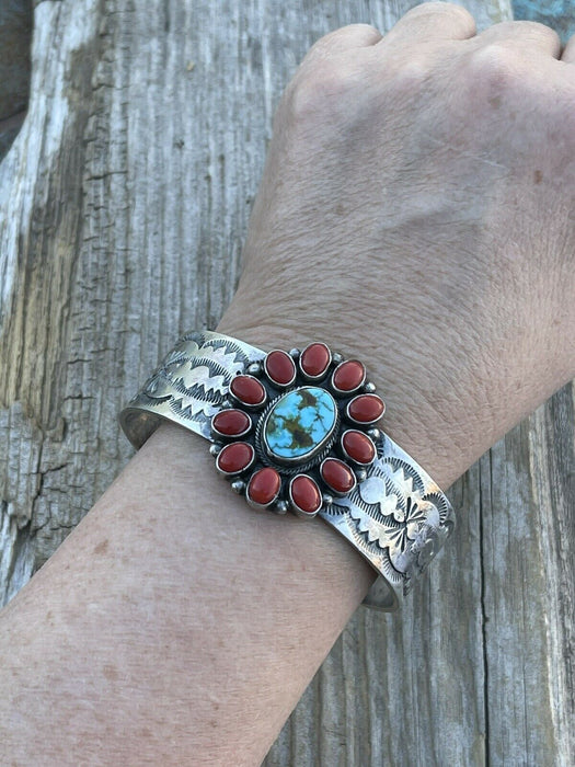 Navajo Sterling Kingman Web Turquoise & Red Coral Taos Bracelet Cuff