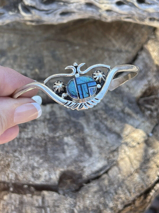 Navajo Blue Opal & Onyx Inlay Sterling Silver Cuff Bracelet