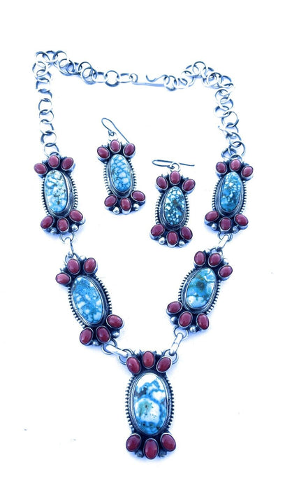 Navajo Sterling Kingman Turquoise Natural Red Coral Necklace Set Taos Collection