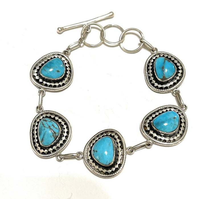 Navajo Sweet Kingman Turquoise & Sterling Silver Twist  Link Bracelet