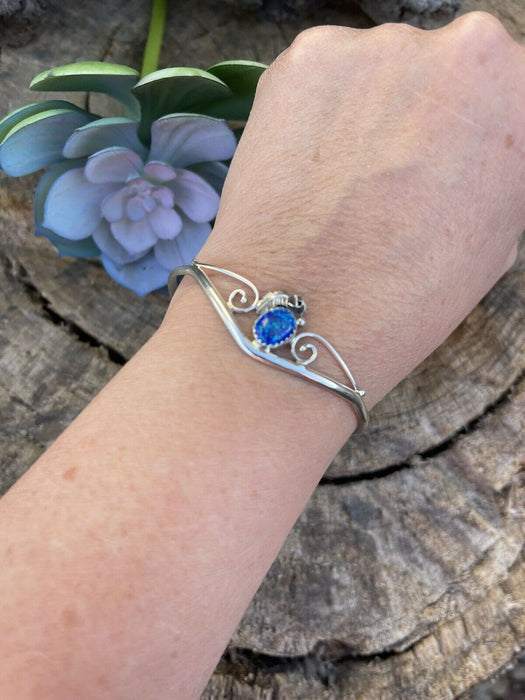 Navajo Sterling Silver Bright Blue Opal Bracelet