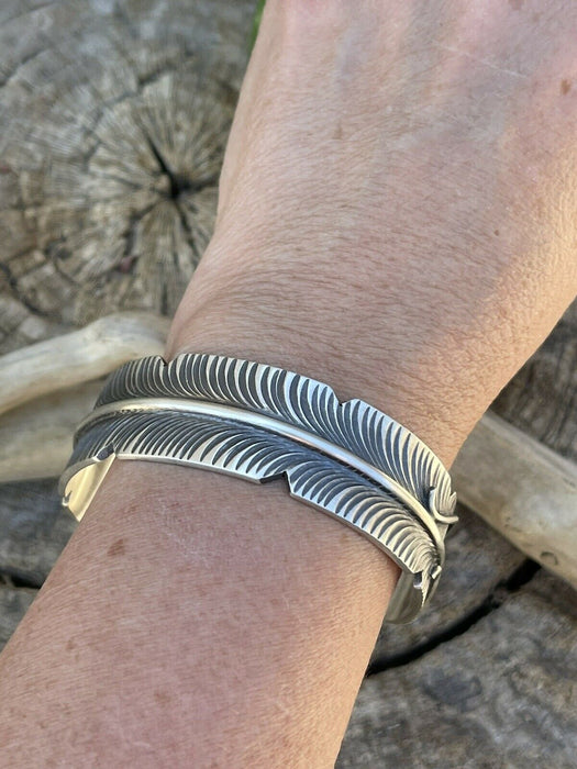 Navajo Sterling Silver Hand Stamped  Feather Bracelet Cuff