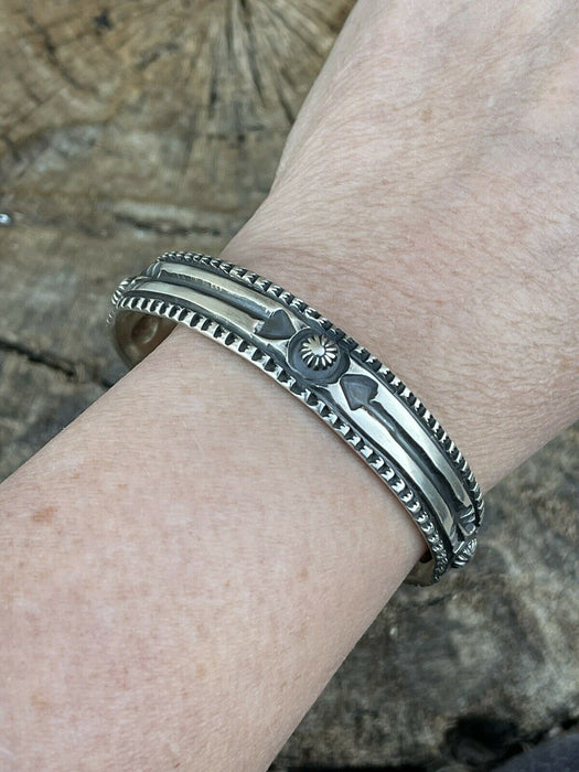 Navajo Sterling Silver Hand Stamped Bracelet Cuff By Artist Elvira Bill