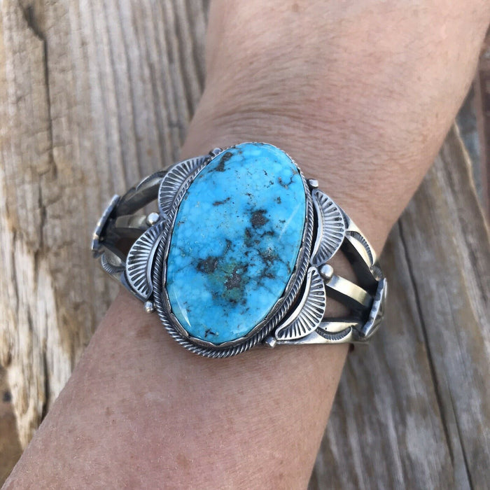 Navajo Kingman Turquoise & Sterling Silver Cuff Signed By Artist S. Tso