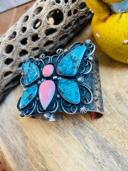 Navajo Turquoise, Pink Coral & Sterling Silver Butterfly Cuff Bracelet