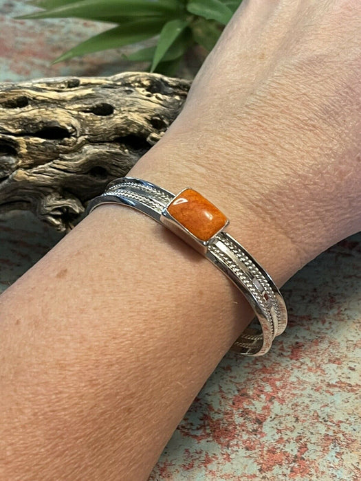 Navajo Orange Spiny Rectangle Sterling Silver Stacker Cuff Bracelet