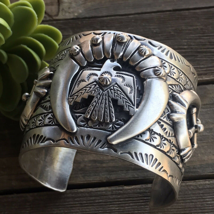 Sterling Silver Navajo Stamped Thunderbird Cuff Made By Rick Enrique