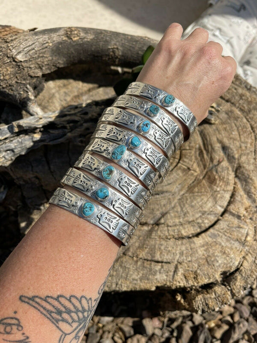 Sterling Silver Navajo Stamped Turquoise Thunderbird Cuff W.Begay