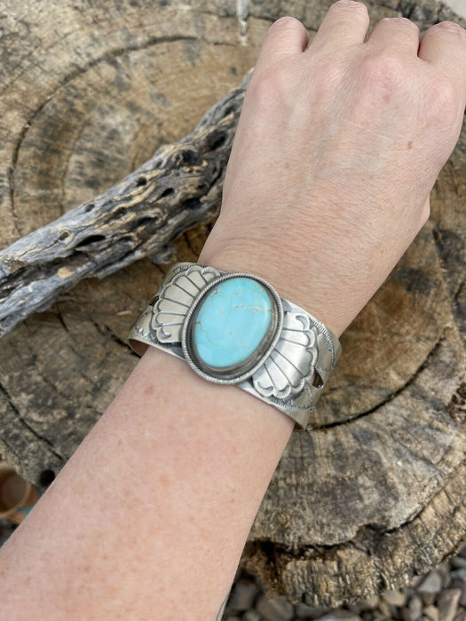 Incredible Navajo Dry Creek Turquoise And Sterling Star Silver Cuff Signed