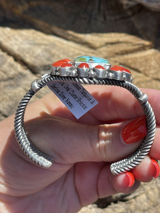 Navajo Sterling Kingman Web Turquoise & Red Coral Taos Bracelet Cuff B. Johnson