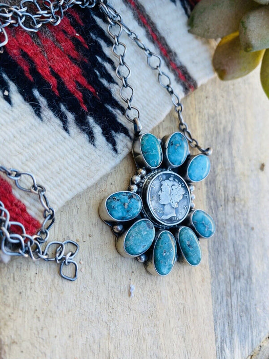 Navajo Sterling Silver & Carico Lake Turquoise Liberty Coin Necklace