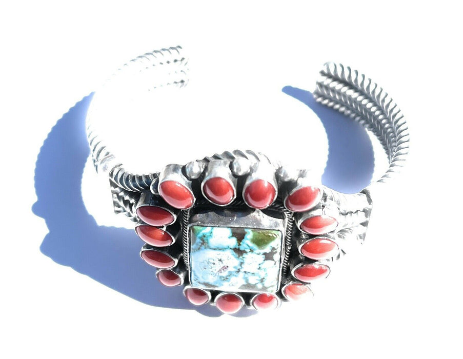 Navajo Sterling Kingman Web Turquoise & Red Coral Taos Bracelet Cuff B. Johnson