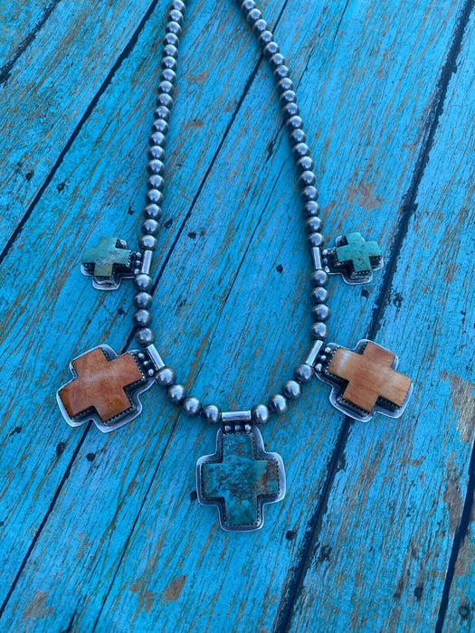 Buffalo Dancer Kingman Turquoise & Spiny Sterling Cross Beaded Necklace Signed - Culture Kraze Marketplace.com