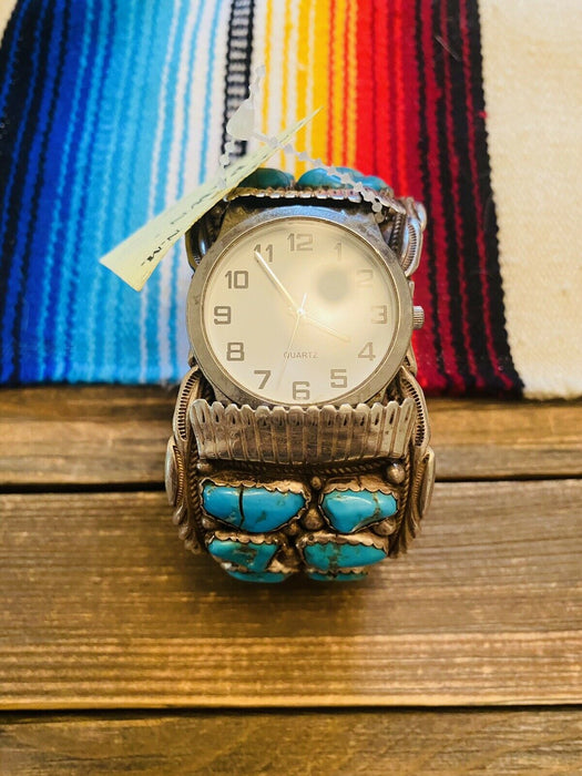 Vintage Navajo Turquoise & Sterling Silver Jumbo Watch Cuff Signed